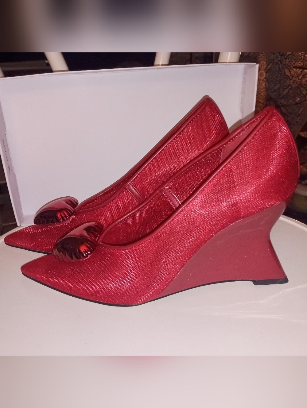 Katy Perry Trendy Girl Heart Mesh Wedge Heels Scarlett Red, Size 8.5 NWT
